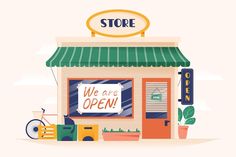 an illustration of a store with the words we are open