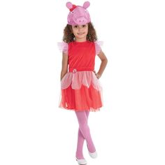 They'll bring a little glimmer to the Halloween parade with this Peppa Pig costume for kids! The three-piece costume starts with an adorable velour dress with glitter flutter sleeves a matching glitter peplum and tutu-style skirt with attached Peppa ribbon. Top their outfit off with the elastic Peppa hat and pink tights. pbKids' Glitter Peppa Pig Dress Costume product details:-b-p ul liDress ul liSoft velour finish-li liGlitter flutter sleeves-li liGlitter peplum with attached ribbon-li liTutu-style skirt-li liAttached tail-li liBack hook-and-loop closure-li -ul -li liHat with ears and bow-li liPink tights-li li100% polyester exclusive of decoration-li liDoes not include shoes-li liReview size chart for sizing information-li -ul pOfficially licensed Peppa Pig costume.-p pbCare Instructions Pig Costume For Kids, Peppa Pig Costume, Sheep Costume, Peppa Pig Dress, Pig Costume, Sheep Costumes, Tutu Style, Pig Costumes, Pig Dress