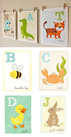 four children's wall hangings with animals and letters on them