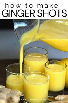 orange juice being poured into glasses with ginger shots in the background and text overlay that reads how to make ginger shots