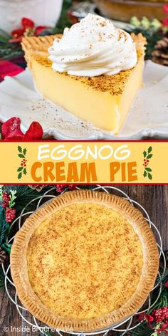 eggnog cream pie with whipped cream on top and an image of the pie