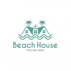 the beach house logo is green and has two houses on top of it, with palm trees