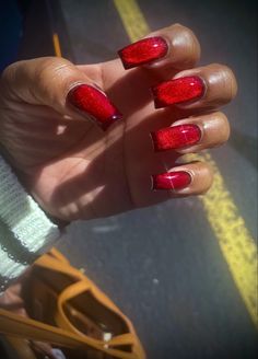 Red nail cat eye fall 2023 Red Ruby Nails, Cherry Red Nails On Brown Skin, Red Nails With Rhinestones Bling, Iridescent Red Nails, Sheer Red Nails, Red Nails Homecoming, Dark Red Nails Black Women, Korean Red Nails Design