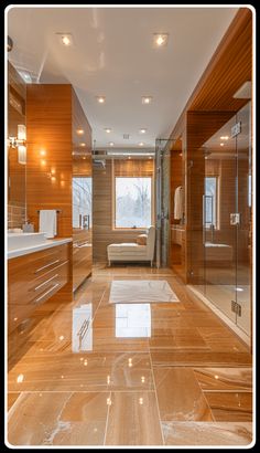 a large bathroom with marble flooring and wooden walls