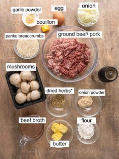 an image of ingredients to make meatloaf on a wooden table with text overlay