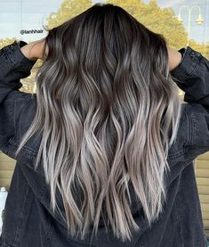 Icy Blonde Highlights On Dark Hair, Black Grey Hair, Blonde Highlights On Black Hair, Grey Hair Color Ideas, Balayage On Black Hair, Black Hair Ideas, Icy Blonde Balayage, Ash Balayage