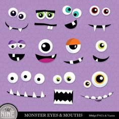 monster eyes and mouths on purple background