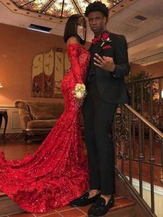 Wholesale Trumpet/Mermaid Lace Sequin Off-the-Shoulder Long Sleeves Sweep/Brush Train Dresses Red Prom Couple Outfit, Red Prom Couple, Prom Couples Outfits, Matching Prom, Prom Couples