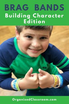 a young boy with his hands together in the shape of a heart and text reading brag bands building character edition