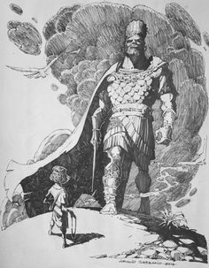 an old drawing of a man standing in front of a giant, black and white image