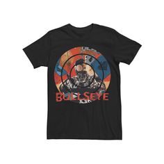 a black t - shirt with the words bullseye on it and an image of a man