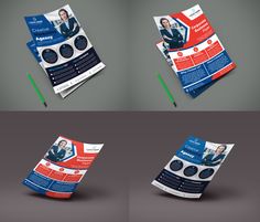 three different views of a brochure with an image of a man on it