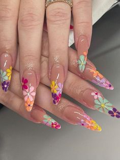 Multicolor  Collar    Color Nails Embellished   Nail,Hand & Foot Care Unghie Sfumate, Kutek Disney, Fake Nails Long, Manicure Diy, Flower Nail Designs, Fake Nails With Glue, Floral Nails, Nail Arts, Artificial Nails