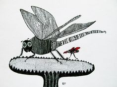 a drawing of a fly sitting on top of a mushroom