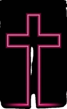 the cross is lit up in pink and black with white outlines on its sides