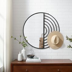 Round Wall Mirror with Hooks Mirrors Walker Edison Oversized Round Mirror Over Couch, Record Circle Mirror, Urban Ters Home Mirrors, Garage Entryway, Youth Rooms, Mirror Interior Design, Entry Mirror, Earrings Display, Jewelry Hooks