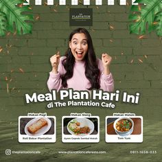 an advertisement for a restaurant featuring a woman holding her hands up in front of the camera