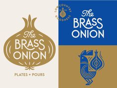 the brass onion logo is shown in three different colors and font styles, including blue, brown