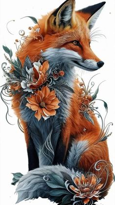 a painting of a fox with flowers on it's chest