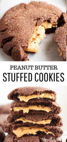 the peanut butter stuffed cookies are stacked on top of each other and ready to be eaten