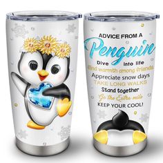 two stainless steel tumblers with penguins on them, one is holding a blue heart