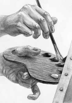 a pencil drawing of two hands holding a piece of wood while another hand holds a pair of scissors