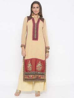 Beige Georgette Straight Cut Kurta With Chocolate Brown Stitch Detailing On Shoulders.. Maroon And Sage Green Lace Detailing On Neck And Sides Of The Kurta With Contrast Maroon Georgette Hemline Having Embroidery On It.. Full Sleeves With Lace Detailing. Maroon And Sage Green, Color Plain, Plain Pants, Georgette Fabric, Green Lace, Full Sleeves, Sleeves Pattern, Mandarin Collar, Straight Cut