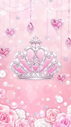 a pink background with hearts, roses and a crown