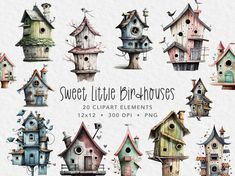 watercolor little birdhouses clipart set