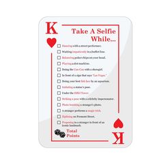 a red and white checklist with the words take a selfie while on it