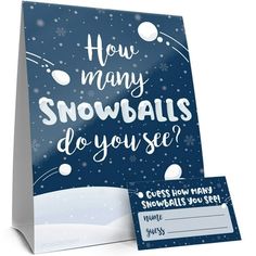 a blue bag with snowballs on it next to a white envelope and card that says how many snowballs do you see?