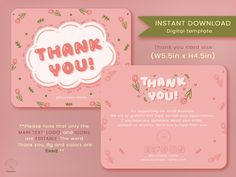 a pink thank card with the words thank you and an image of flowers on it