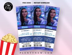 two movie tickets with popcorn in front of them and an image of the same person