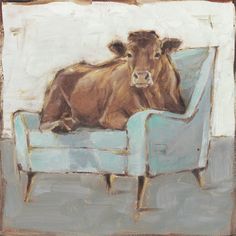 a painting of a cow sitting on a blue chair