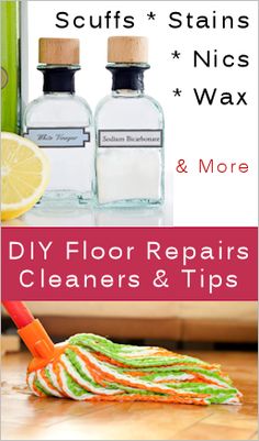 a pair of cleaning gloves sitting on top of a wooden floor next to two bottles