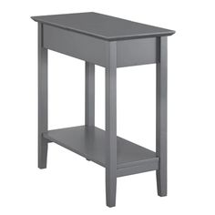 a gray end table with an open shelf on the bottom and one drawer at the top