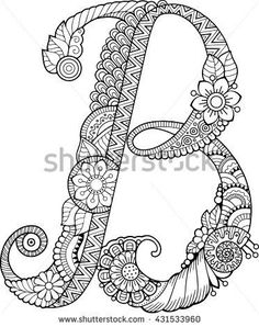 the letter b is made up of flowers and paisleys coloring pages, adult coloring pages,