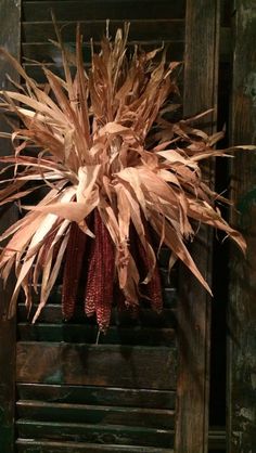 an arrangement of dried corn in a wooden crate