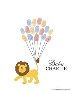 a lion holding onto some balloons with the words baby charlie on it's side