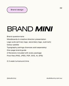 an advertisement for brand mini on the side of a white paper with black and pink lettering