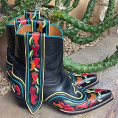 Stand Out In Style With These Custom Handmade Rocket Buster Leather Cowboy Boots In Classic Black, Featuring Bold, Multi-Color Chili Pepper Detailing. Perfect For Adding A Unique Touch To Your Western Wardrobe. ** Price Is Firm Custom-Made Boots! Gtd/Ks Bohemian Witch, Western Wardrobe, Custom Cowboy Boots, Witch Style, Unique Boots, Witch Fashion, Glass Slippers, Yee Haw, Leather Cowboy Boots