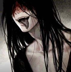 a drawing of a woman with black hair and blood on her face is shown in this image