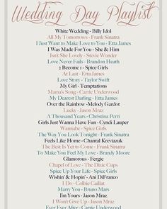 the wedding day playlist is shown in red and white