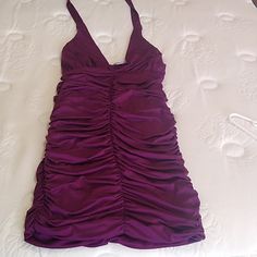 Halter Dress. Never Worn. Rouched Styling. Bra Cups Not Lined Stretch Purple Ruched Dress, Purple Stretch Ruched Dress, Purple Mini Dress With Ruched Bodice, Purple Sleeveless Mini Dress With Ruched Bodice, Purple Lined Mini Dress For Night Out, Ruched Mini-length Bodycon Dress, Ruched Bodycon Mini Dress, Faux Fur Handbag, Venus Dresses