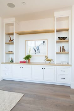 an empty room with white shelves and wooden flooring on the wall, along with a rug in front of it