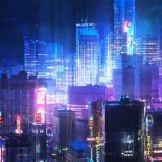 a futuristic cityscape with neon lights and skyscrapers in the background at night