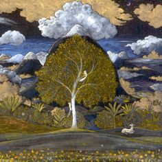 a painting of a tree in the middle of a field with mountains and clouds behind it