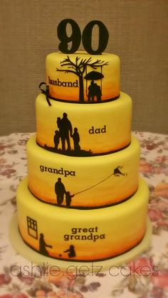 this is a three tiered cake with the number 90 on it's side