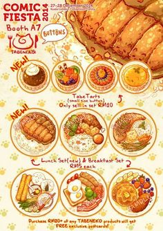 the poster shows different types of food on plates and in bowls, including meats