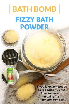 an advertisement for bath bomb fizzy bath powder on a wooden table with ingredients and instructions